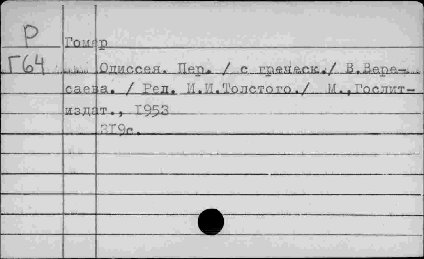 ﻿		р
ПЛ		Одиссея. Пер» / с грече,ск.</ В. Вере-. .
	саез	а. / Рел. И.И.Толстого ./ М.,Гослит-
	идп?	т т, ТЭЧ.З
		
		
		
		
		
		
		